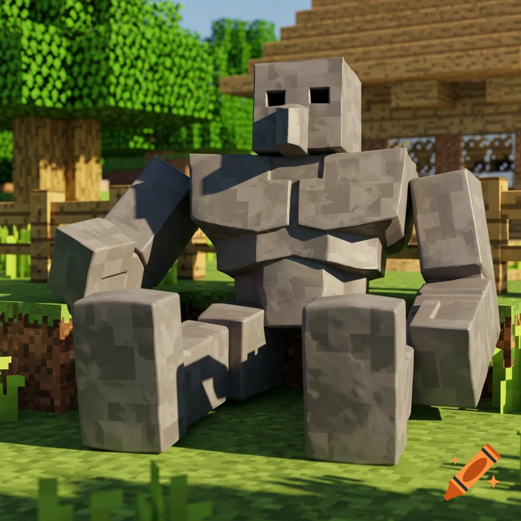 A blocky 3D rendered Iron Golem from Minecraft sits on a grassy field with its feet kicked up, a wooden house and trees in the background.
