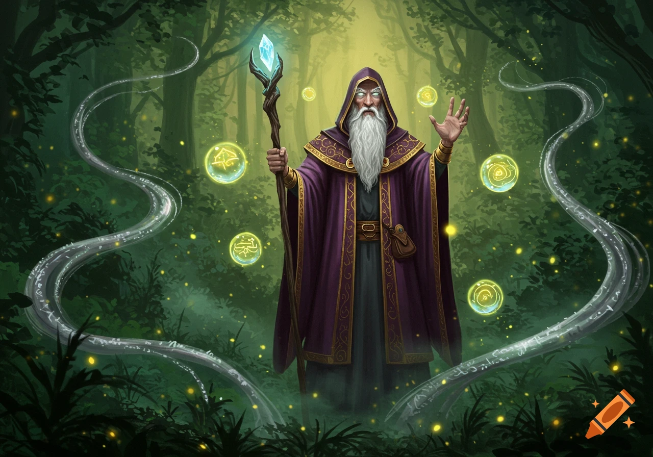 A wise wizard in a purple robe with a long white beard casts a spell amidst glowing orbs and wisps in a magical forest.