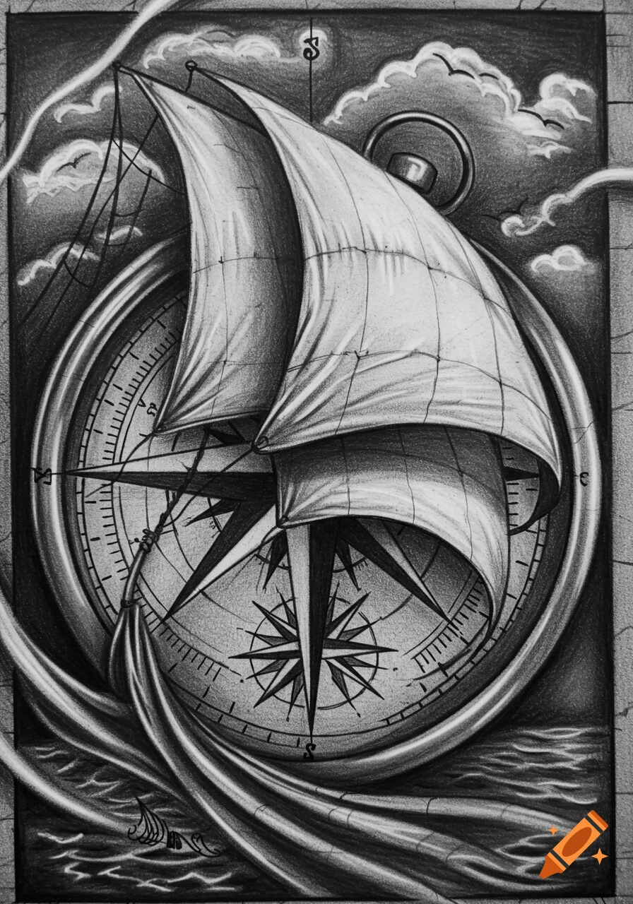 Monochrome charcoal drawing of a sailboat's sail draped over a compass rose, surrounded by clouds and waves.