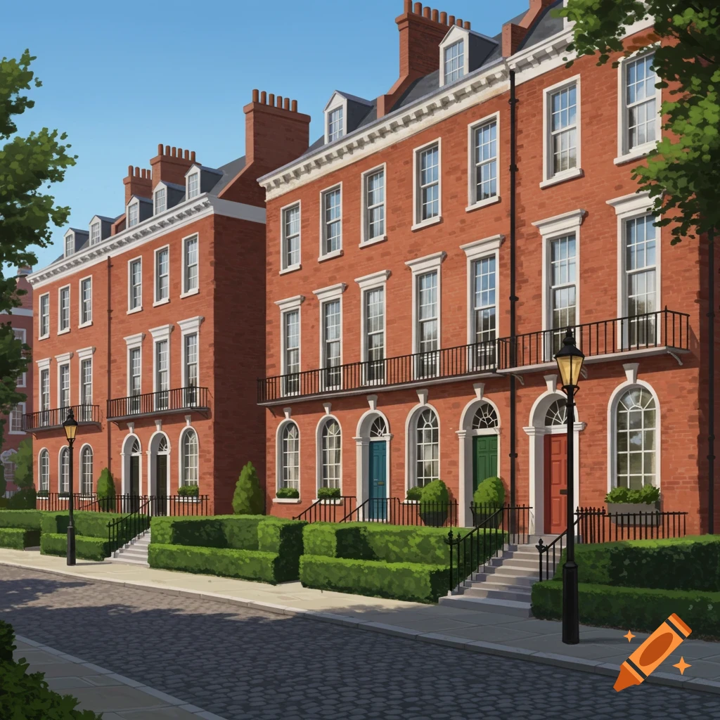 A row of red brick Georgian townhouses with white trim, balconies, and colorful doors line a cobblestone street, illustration.