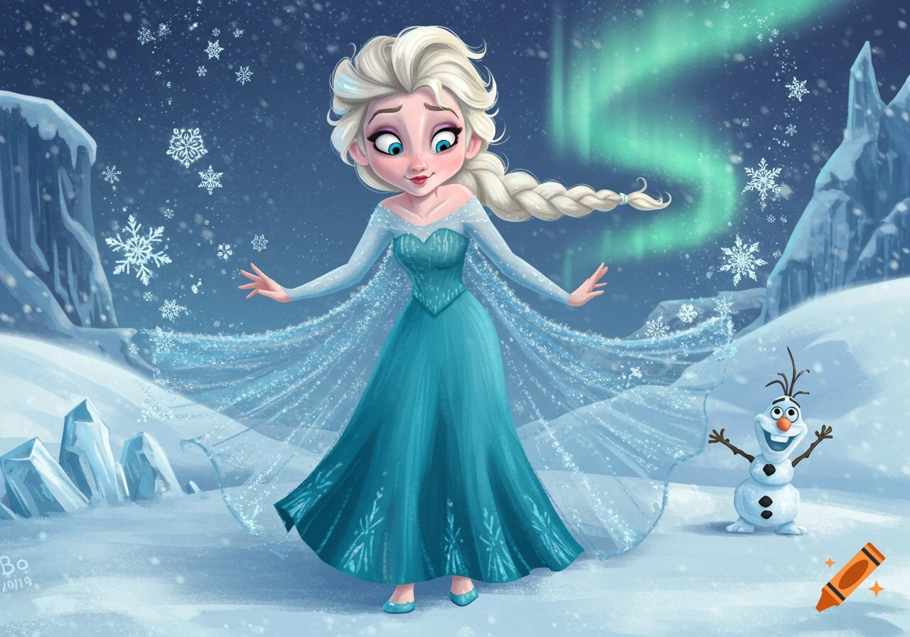 A cartoon illustration of Elsa from Frozen in her blue dress, surrounded by snowflakes in a snowy landscape with Olaf the snowman, under a green aurora.