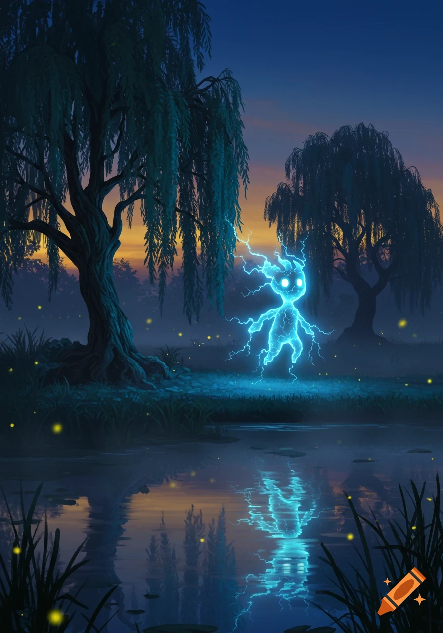 A glowing blue electrical creature stands by a misty pond with weeping willow trees at dusk, its reflection visible in the water.