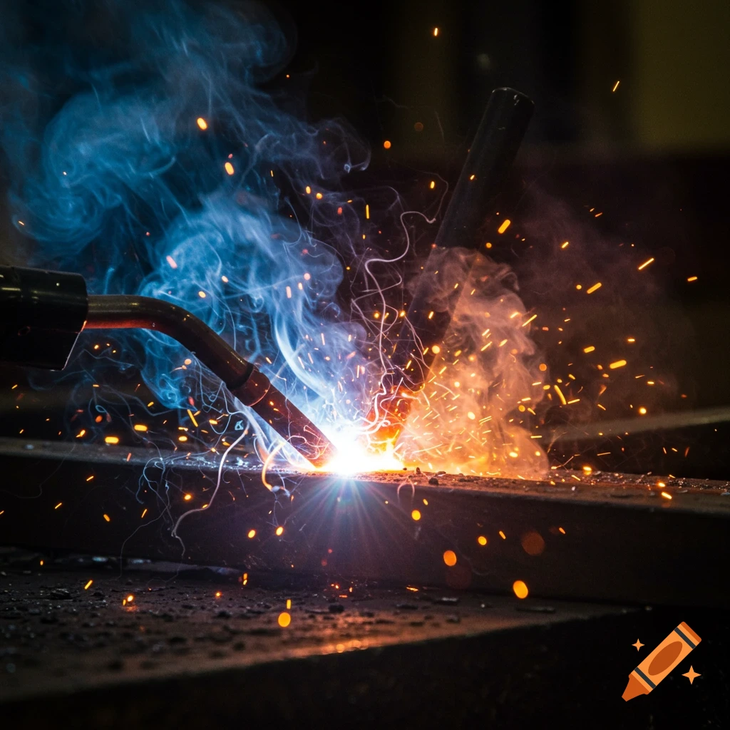 Close-up of a welding torch creating bright sparks and blue smoke on a dark metal surface.