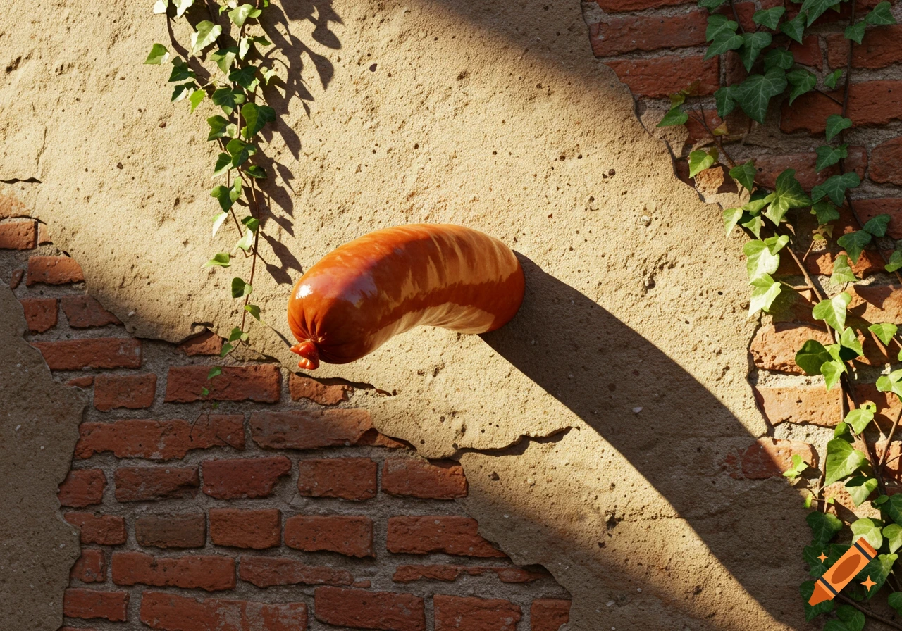 A large, shiny sausage sticks out of a textured wall with bricks and ivy in sunlight.