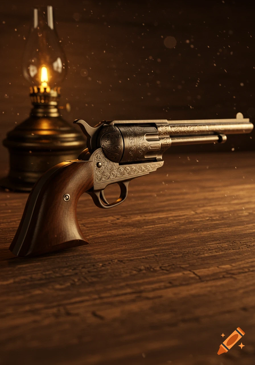 A close-up of an ornate vintage revolver with a wooden handle resting on a dark wooden table, lit by a warm oil lamp in the background.