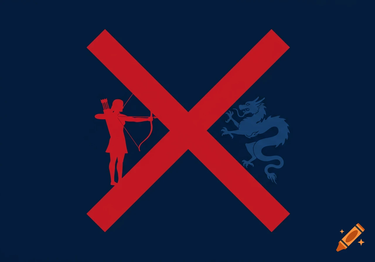 A graphic depiction of a red archer and a blue oriental dragon forming a central red 'X' on a navy blue background.