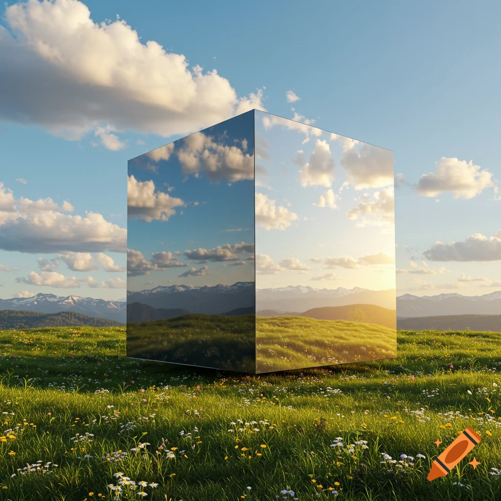 A large, reflective chrome cube stands in a vibrant green meadow filled with wildflowers under a blue sky with fluffy clouds.