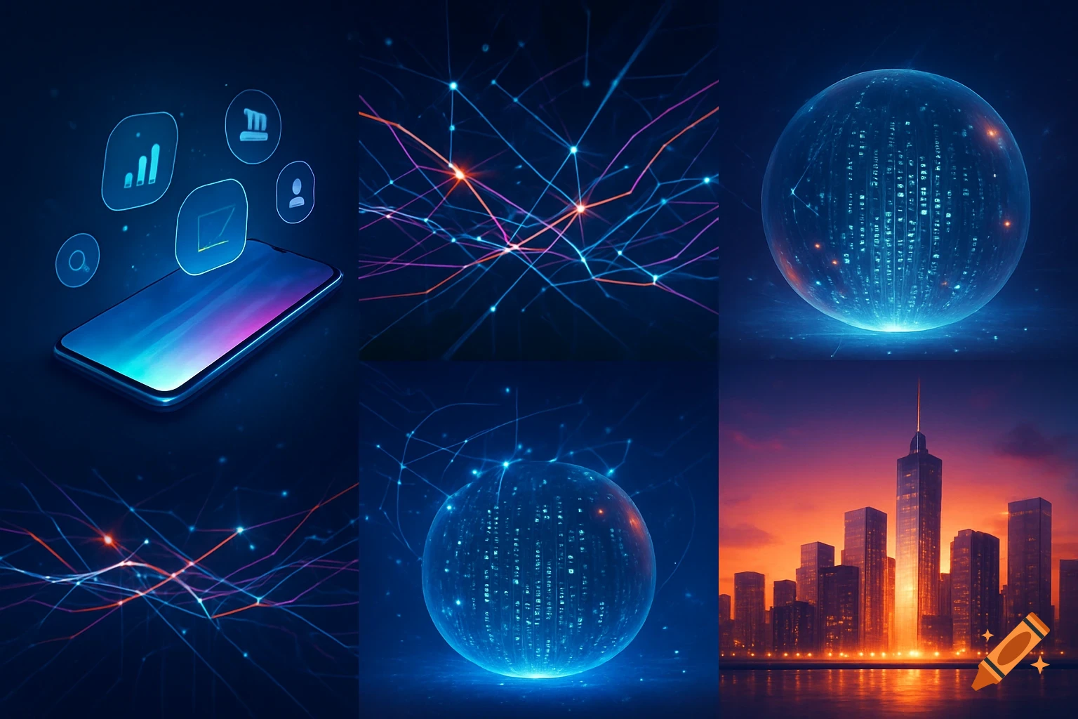 A six-panel collage featuring a smartphone with floating icons, abstract digital networks, glowing data spheres, and a cityscape at sunset.