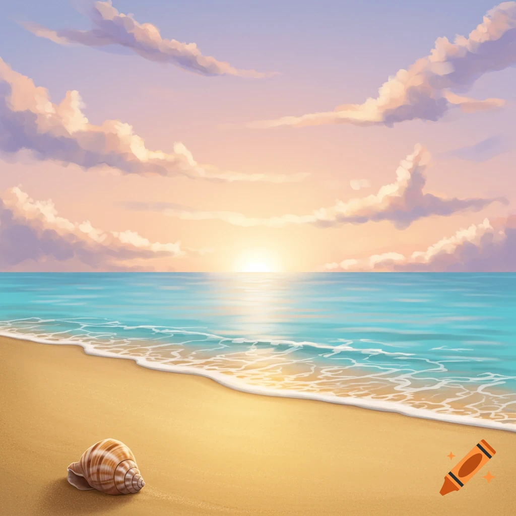 A vibrant illustration of a sandy beach with a seashell, clear blue ocean, and a warm sunset sky with fluffy clouds.