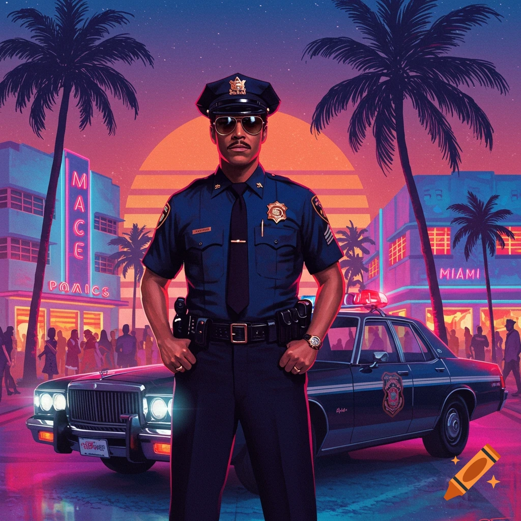 A police officer in sunglasses stands in front of an 80s Miami cityscape with palm trees and a police car at sunset, in a retro synthwave style.