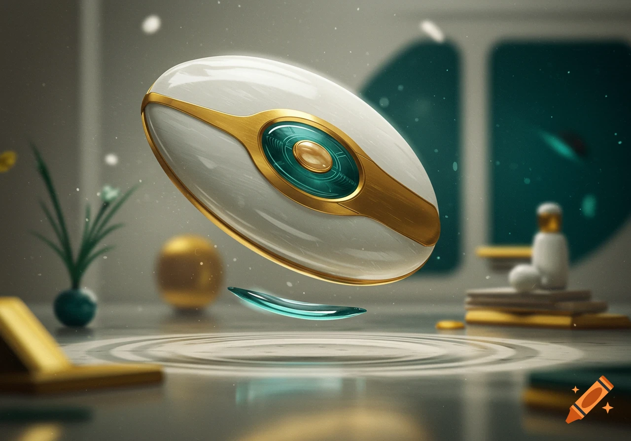 A sleek, white and gold oval disk with a teal center floats above water ripples in a minimalist, futuristic setting.