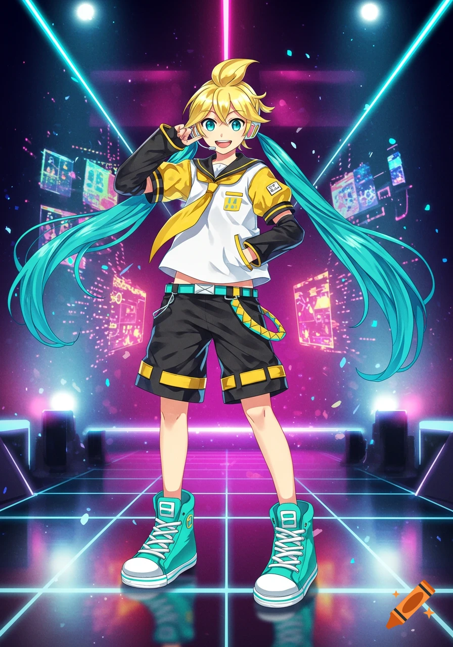 An anime character, Kagamine Len, in a yellow and black sailor-style top, black shorts, and teal high-top shoes, standing on a neon-grid stage with a glowing city backdrop.