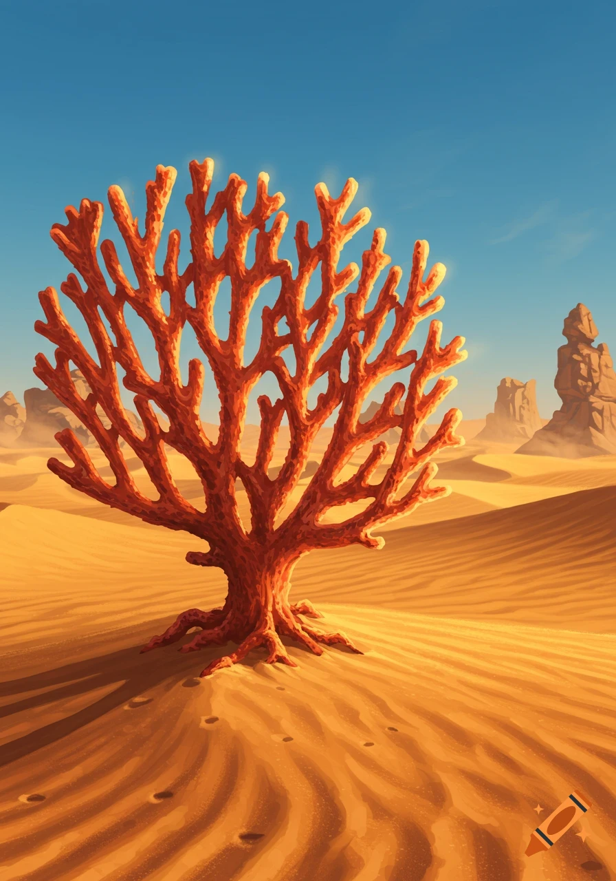 A large, red, branched coral-like tree stands in a stylized desert landscape with sand dunes and distant rock formations under a blue sky.