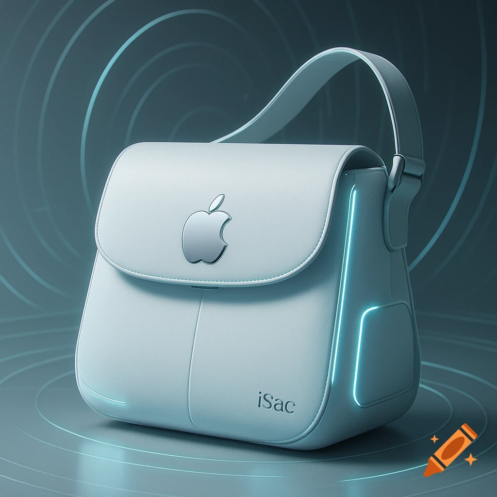 A sleek, light blue-grey Apple-branded handbag with glowing blue accents rests on a futuristic surface.