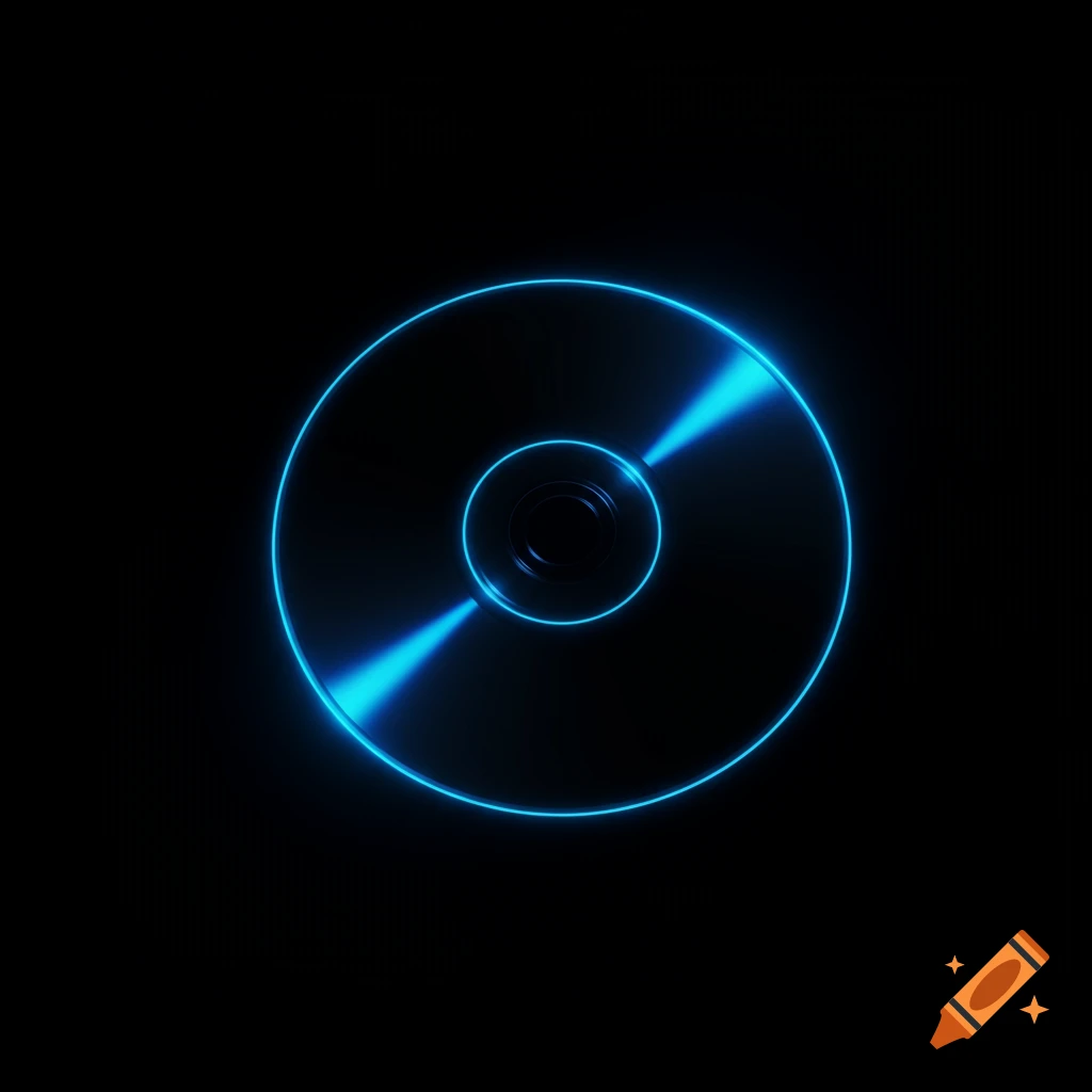 A black CD with a glowing blue outline and reflective blue light on its surface, against a dark background.
