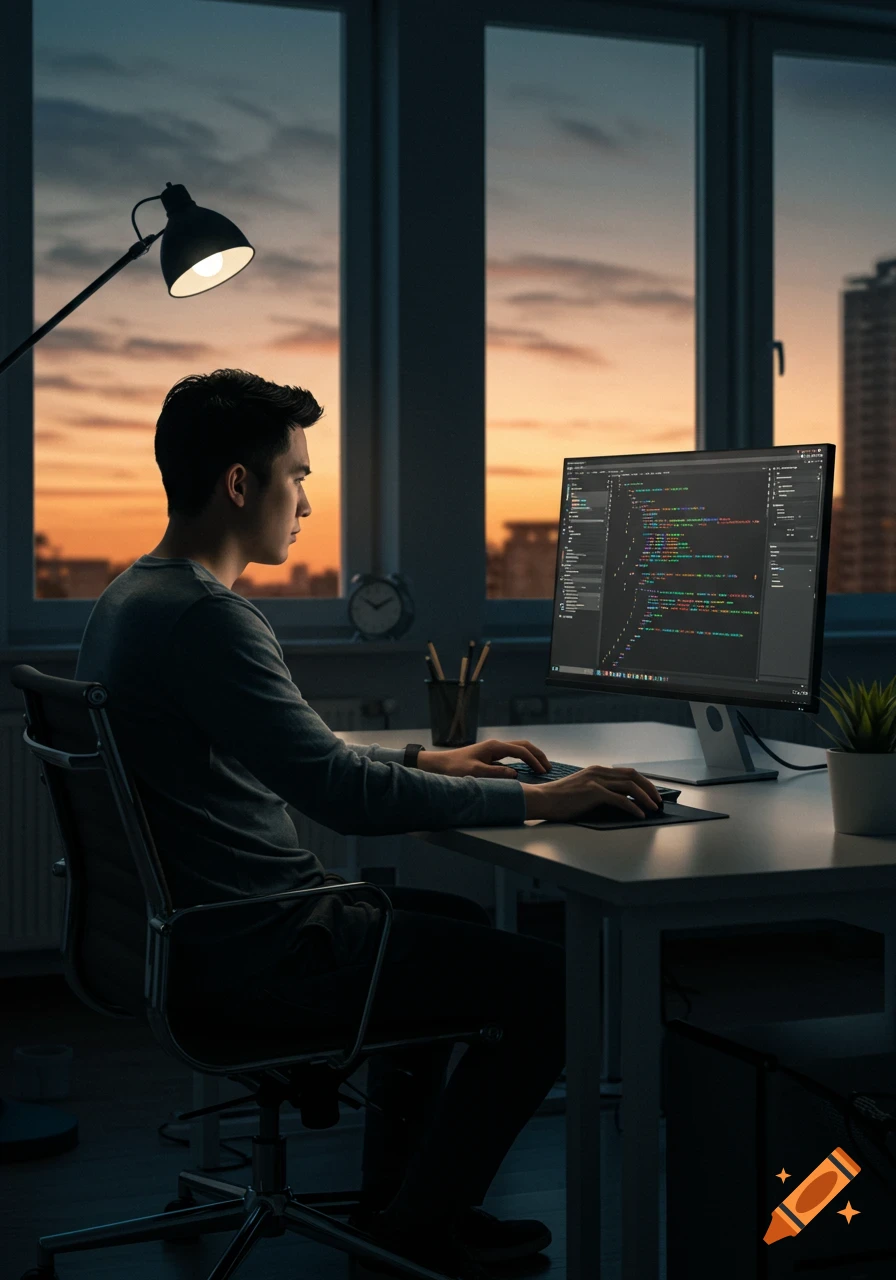 A young man codes on a desktop computer at a desk in an office, with a sunset visible through a large window. Photorealistic style.