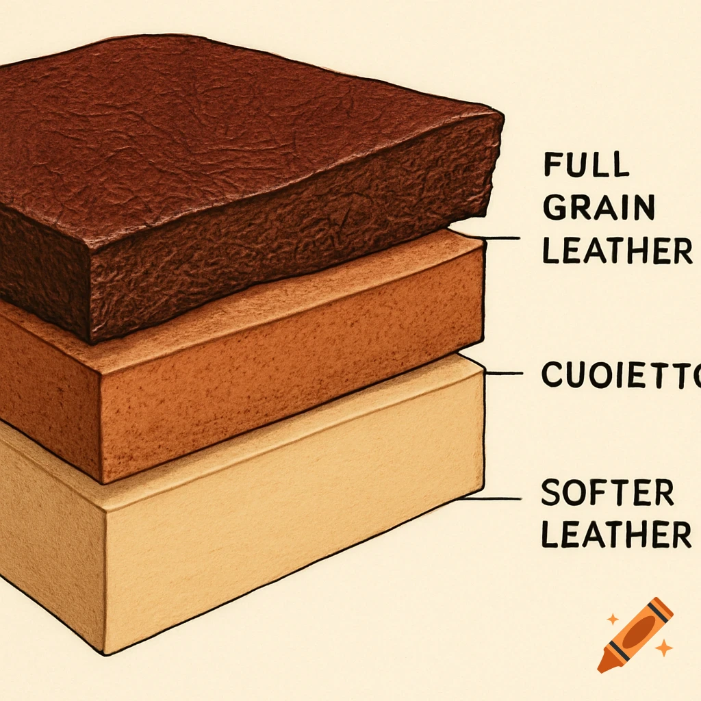 Hand-drawn diagram of three stacked leather types: full grain, cuoietto, and softer leather, each with a distinct brown hue.