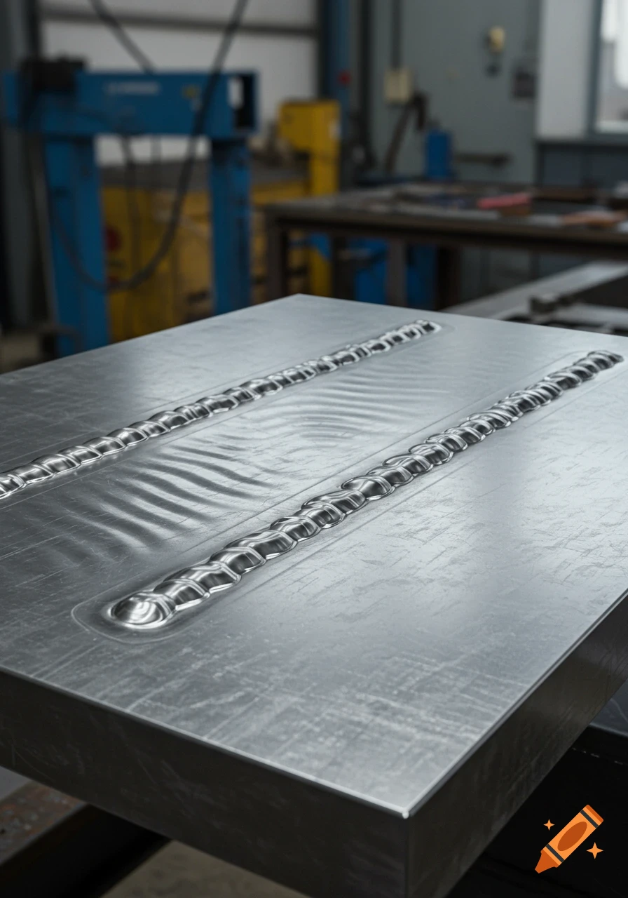 Photorealistic image of a metal plate with three distinct weld beads, with a blurred industrial workshop in the background.