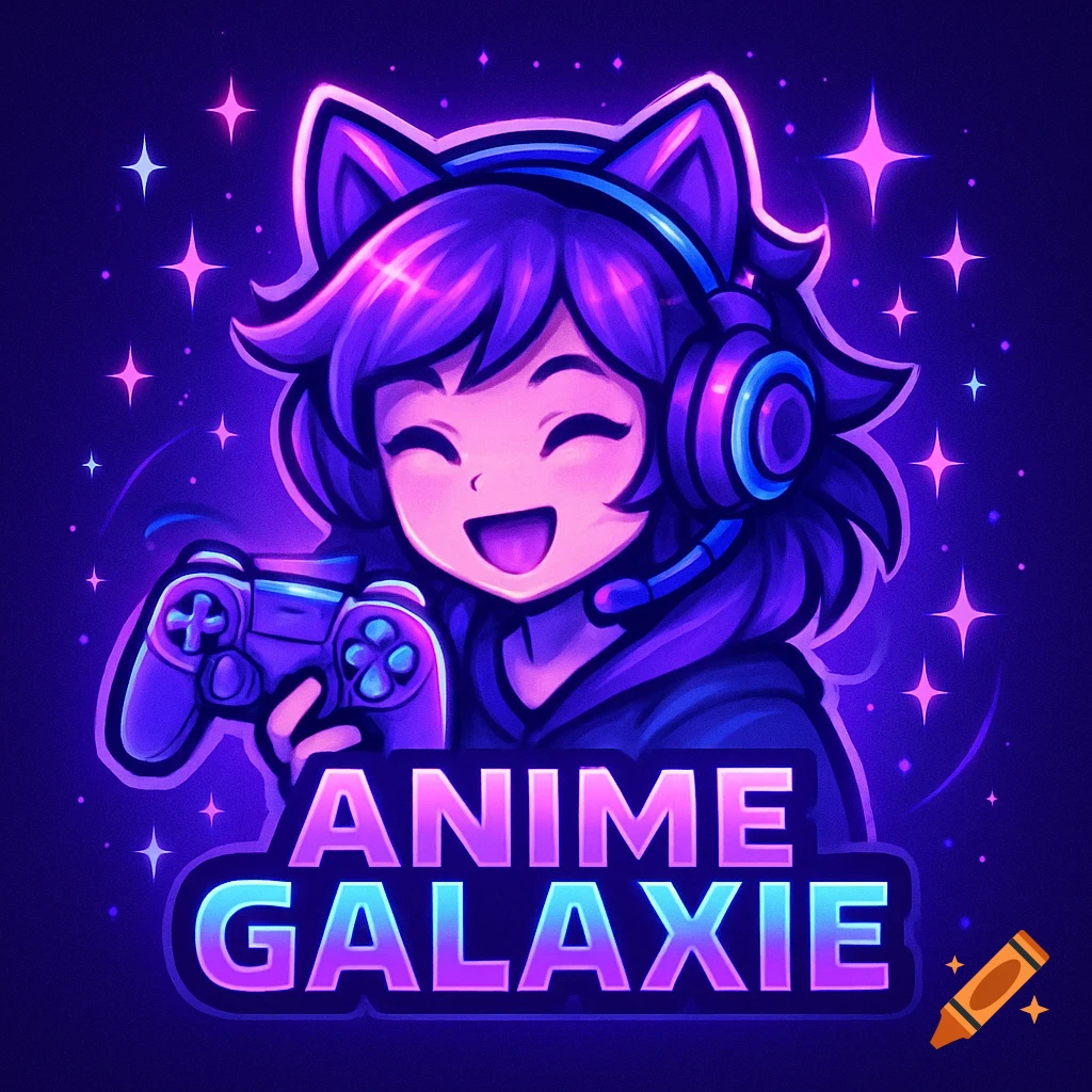 Anime-style logo of a smiling person with purple hair, cat ears, and a gaming headset, holding a controller, with 'ANIME GALAXIE' text and glowing stars.