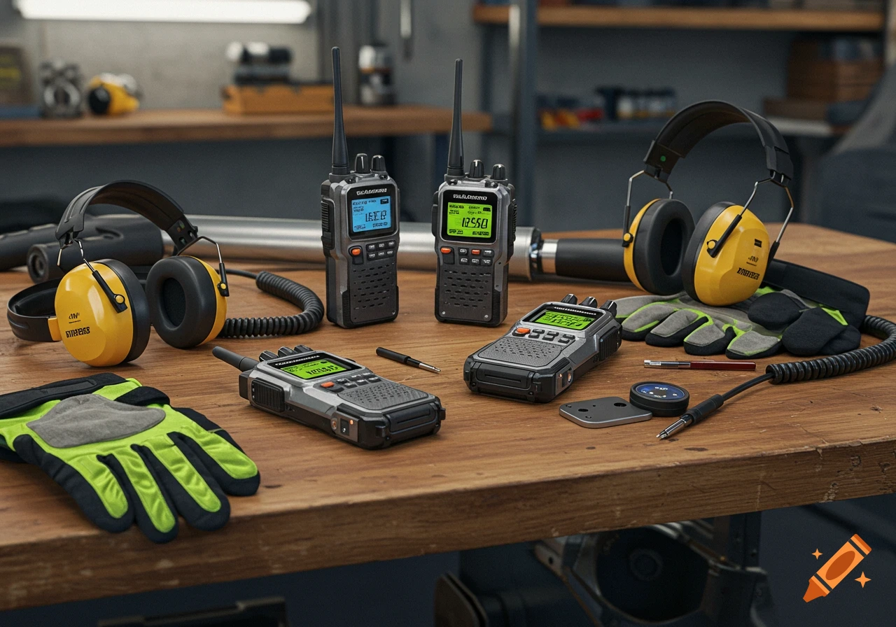 Several walkie-talkies, yellow ear protection headphones, and work gloves arranged on a wooden table.