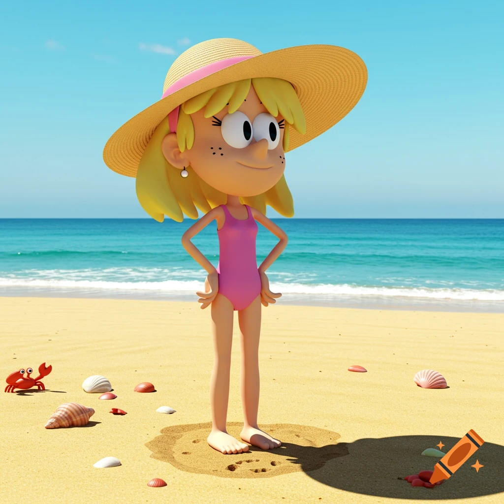 Lori Loud from The Loud House in a pink one-piece swimsuit and straw hat, barefoot on a sunny beach with seashells.