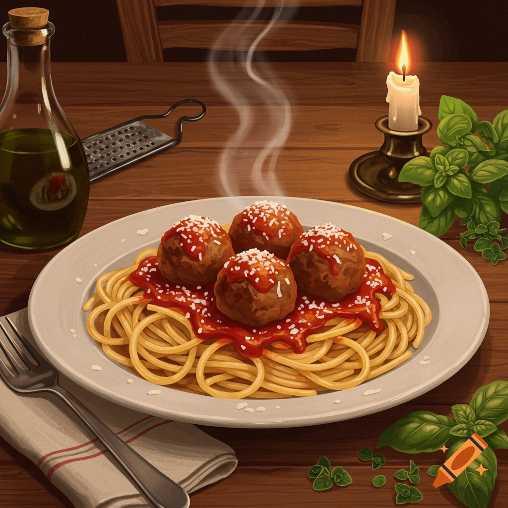 Illustrative plate of spaghetti and meatballs on a wooden table with olive oil, basil, and a lit candle.