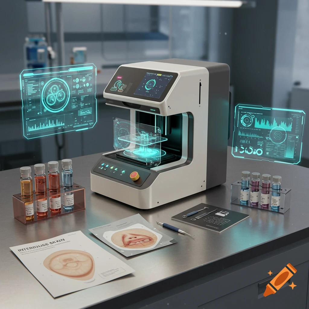 A futuristic bio-printing machine with holographic displays, several vials, and papers depicting skin samples in a sterile laboratory setting.