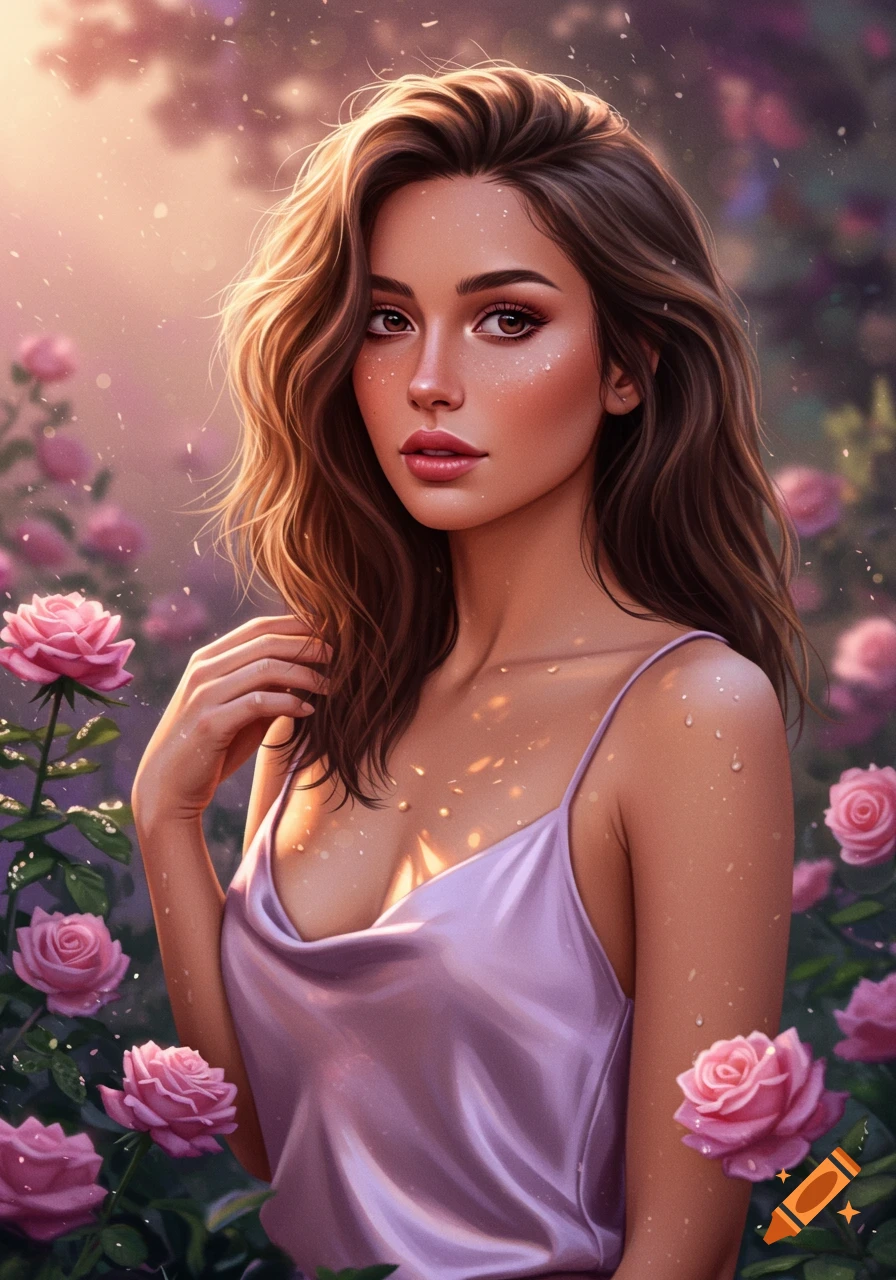 A beautiful woman with long brown wavy hair in a purple silk camisole, standing among pink roses with sparkling light.