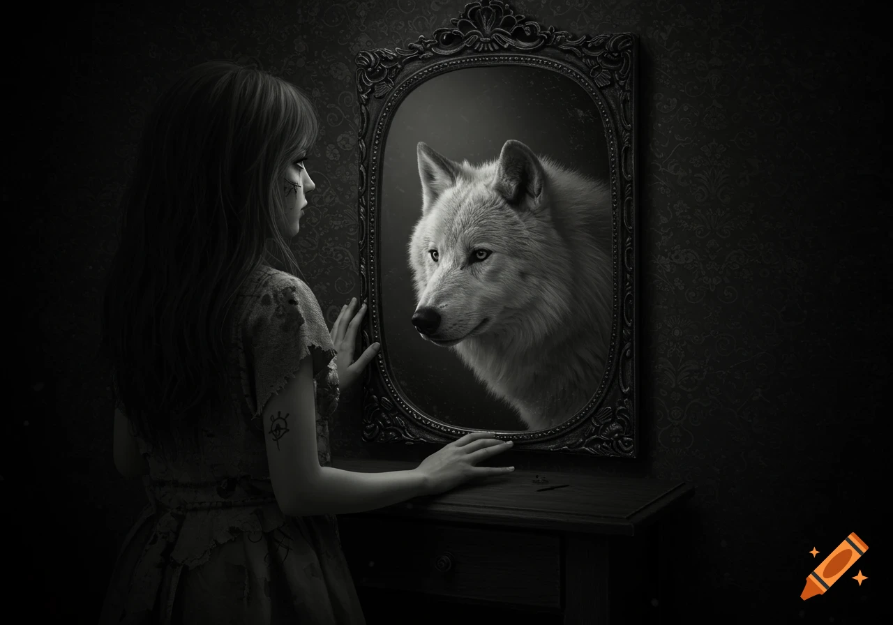 A girl in rags with long hair looks into an ornate mirror that reflects a white wolf, set in a dark room with patterned wallpaper.