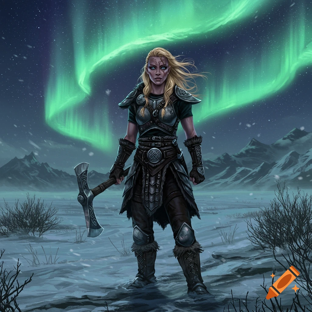 A blonde woman in dark fantasy armor with an axe stands in a snowy tundra under a bright green aurora.