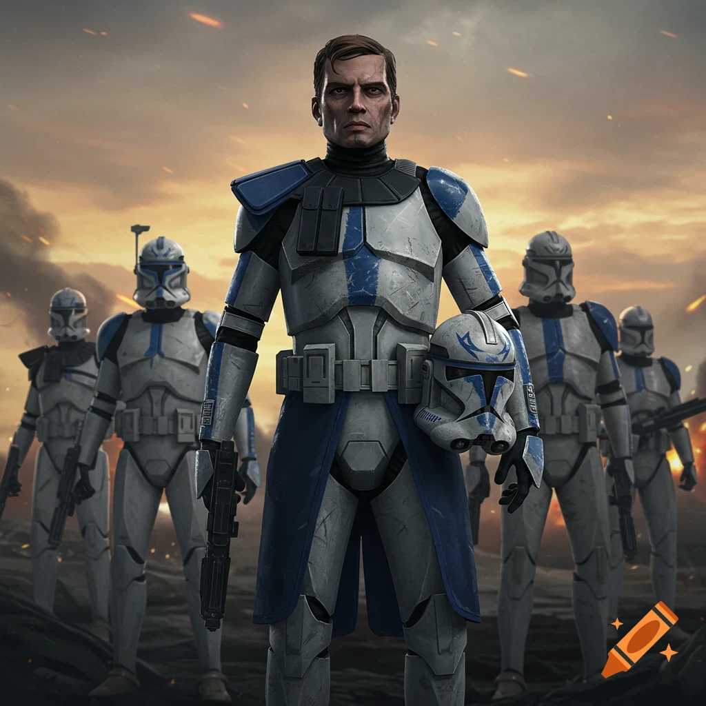 A man in white and blue futuristic armor, holding a matching helmet, stands in front of armored soldiers under a fiery, cloudy sky.