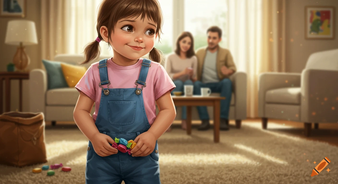 Digital illustration of a smiling young girl in overalls hiding colorful candies behind her back, with parents blurred in the background.