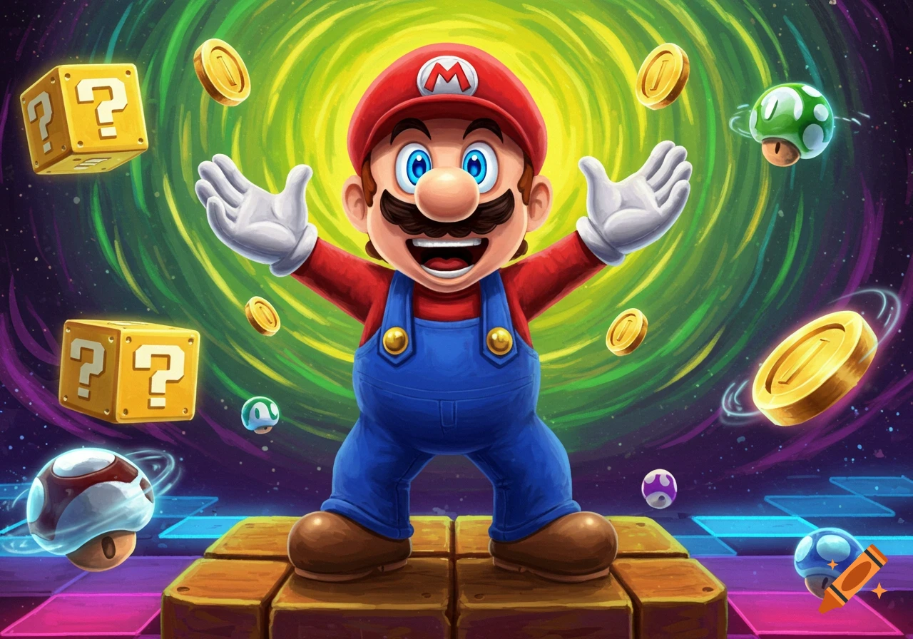 Mario celebrates triumphantly amidst swirling colors, coins, question blocks, and mushrooms in a vibrant video game illustration.