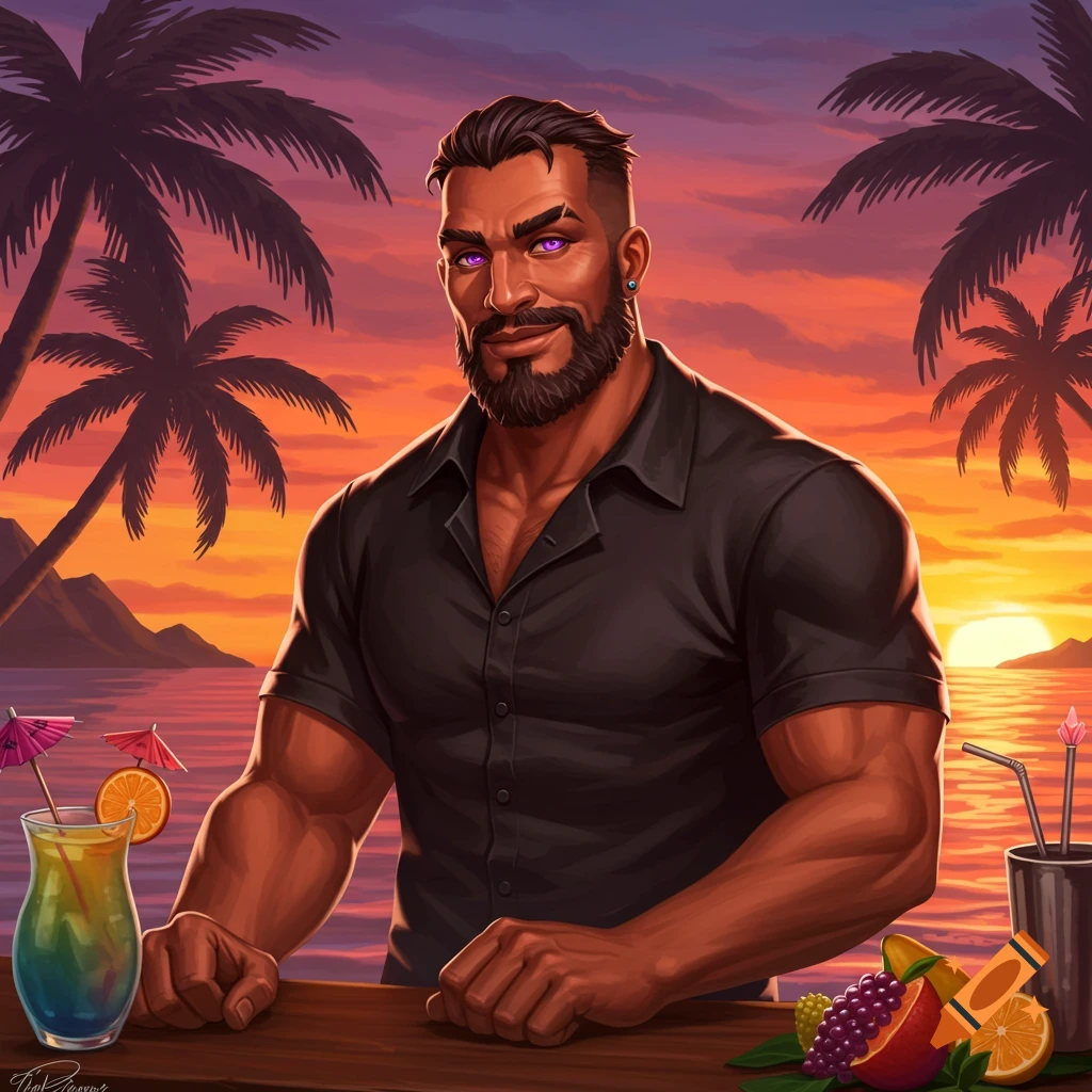 A muscular bartender with purple eyes and a trimmed beard smiles behind a bar at sunset on a tropical island.