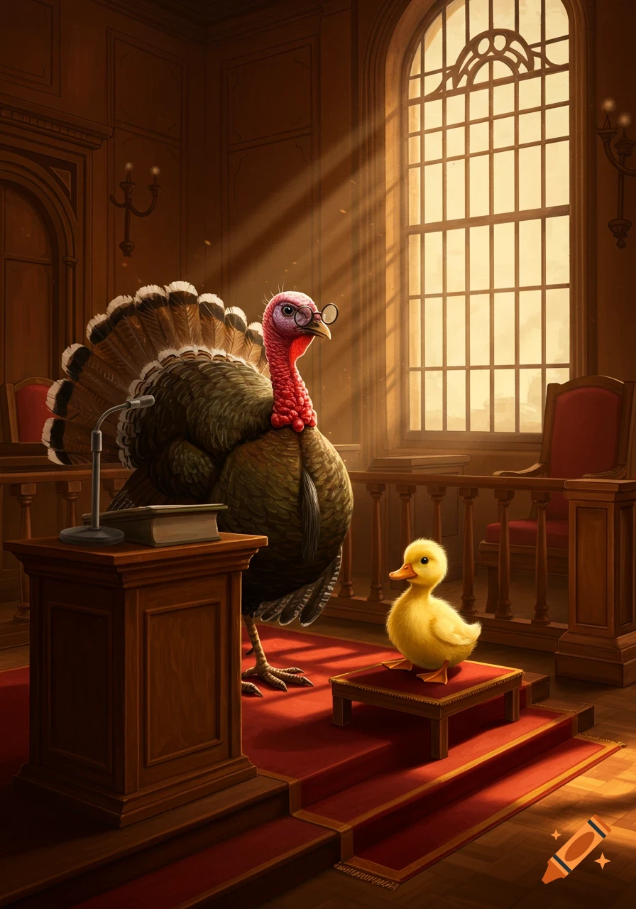 A turkey wearing glasses stands at a podium in a courtroom, looking at a duckling client on a small stand, with sunlight streaming through a large window.