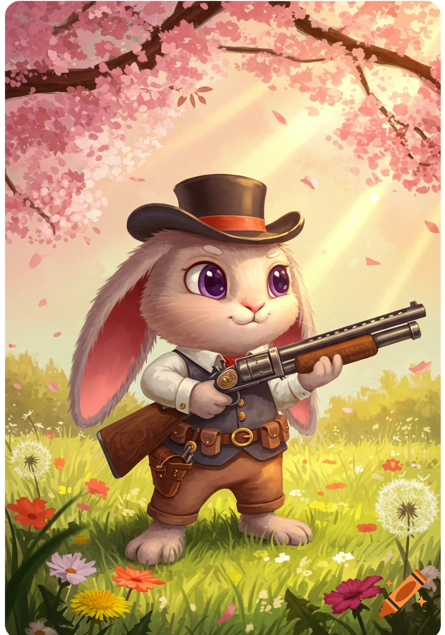 A cute cartoon rabbit in a top hat and vest holds a shotgun in a sunny field of flowers under pink cherry blossoms.