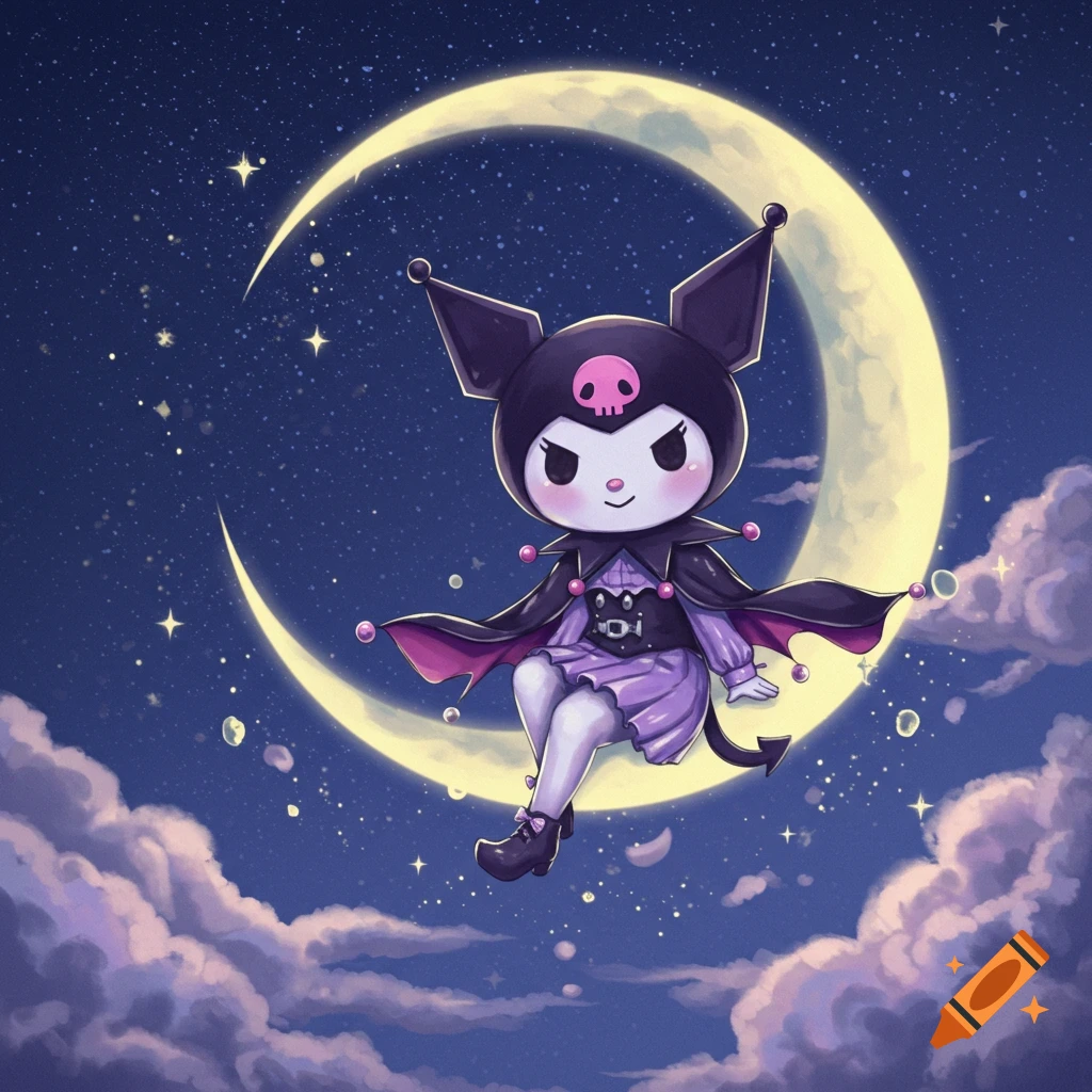 Kuromi, the Sanrio character, sits on a crescent moon in a starry night sky with purple clouds, in a cute cartoon style.
