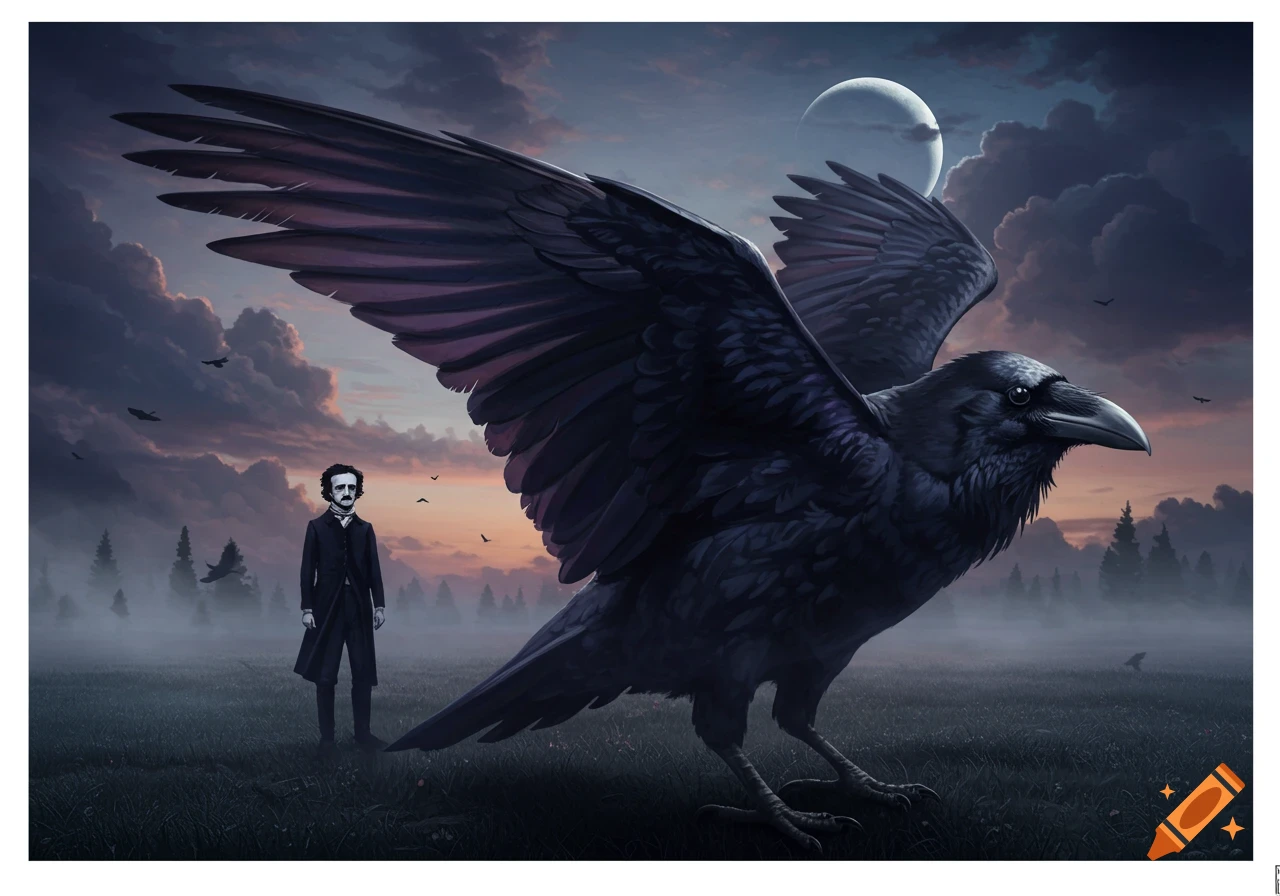 A man resembling Edgar Allan Poe stands next to a giant raven in a misty field under a moonlit, cloudy sky.