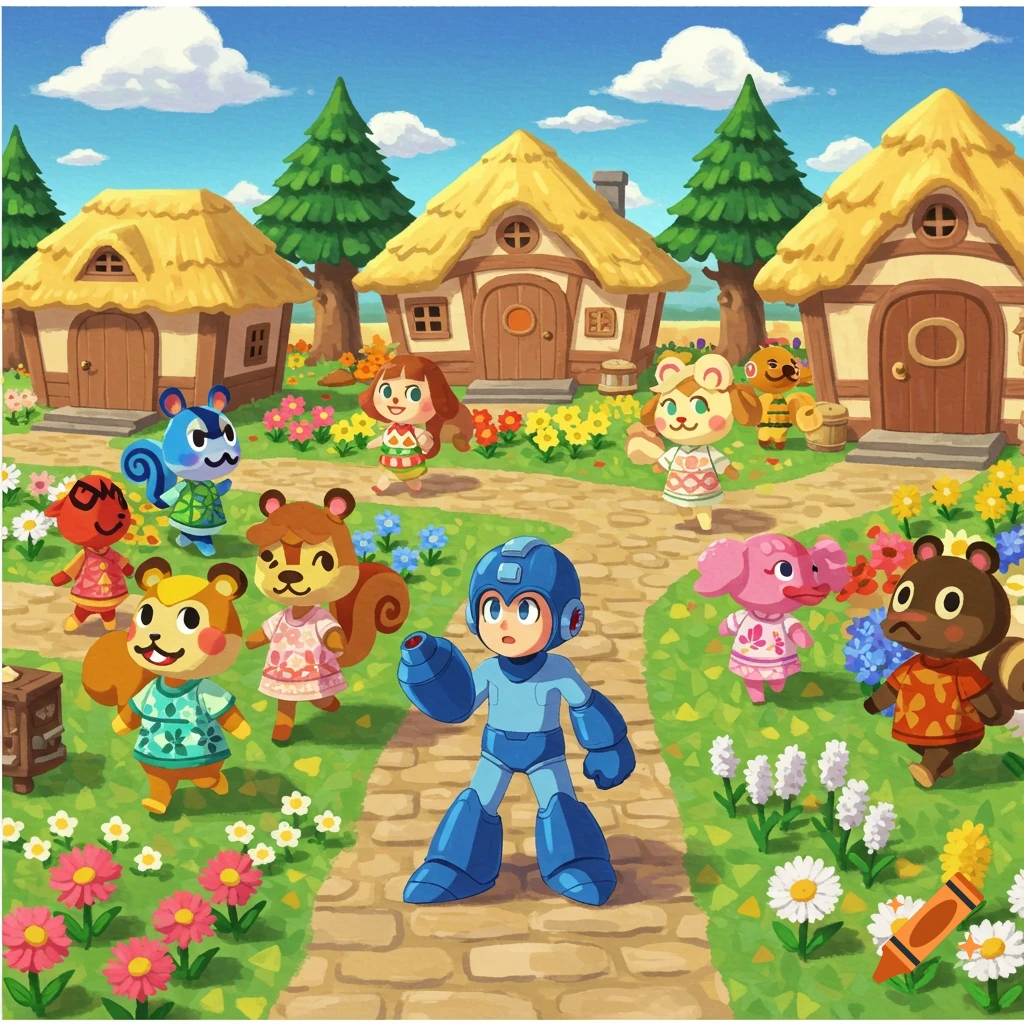 Mega Man stands on a path in a colorful Animal Crossing village with multiple animal villagers and straw-roofed houses.
