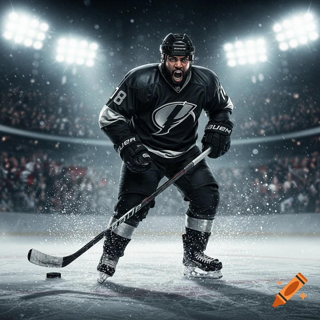 A roaring Black hockey player in a black jersey with number 18, skating on an ice rink amidst ice spray, under bright stadium lights.