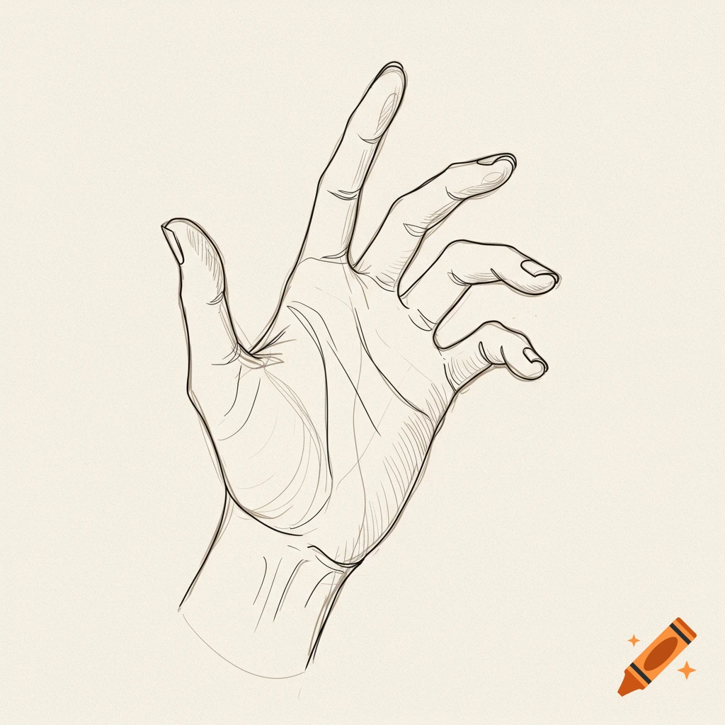 A detailed line drawing of a left hand with fingers slightly apart on a plain background.