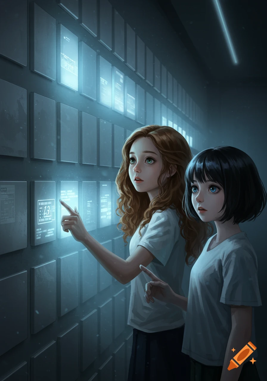 Two anime-style girls look at glowing futuristic wall panels; one girl with brown hair touches a screen.