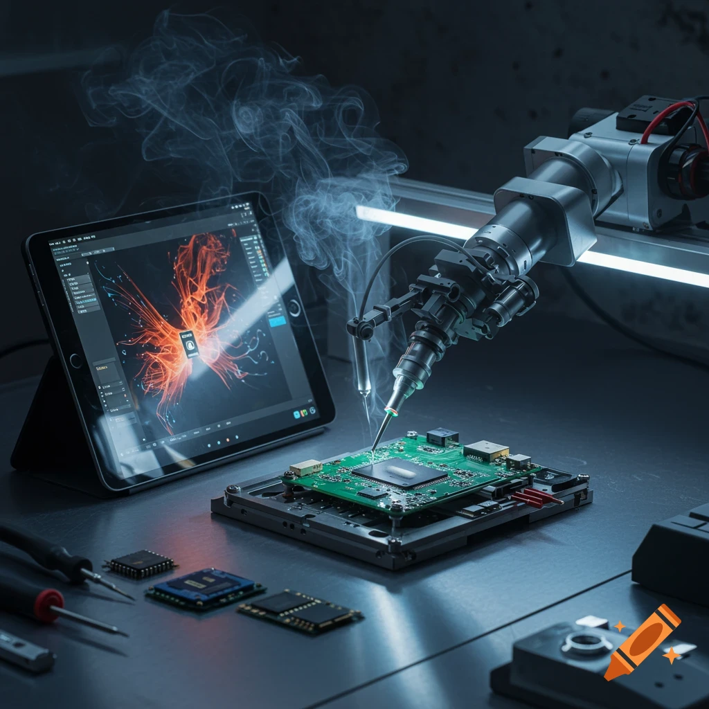 A photorealistic robotic arm solders a circuit board on a workbench, next to an iPad displaying abstract digital art with smoke rising.