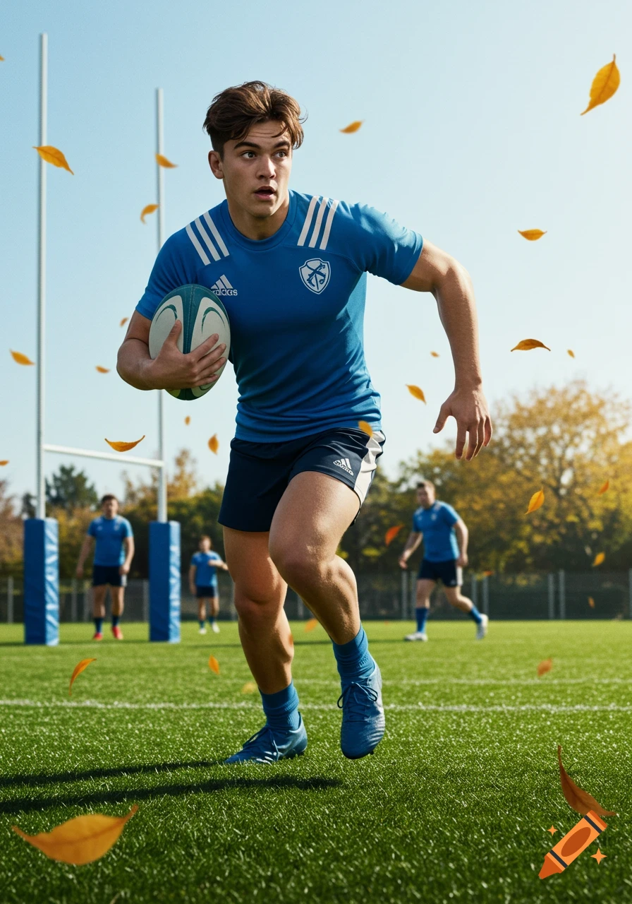 A young male rugby player in a blue uniform runs with a ball on a green field with falling autumn leaves.