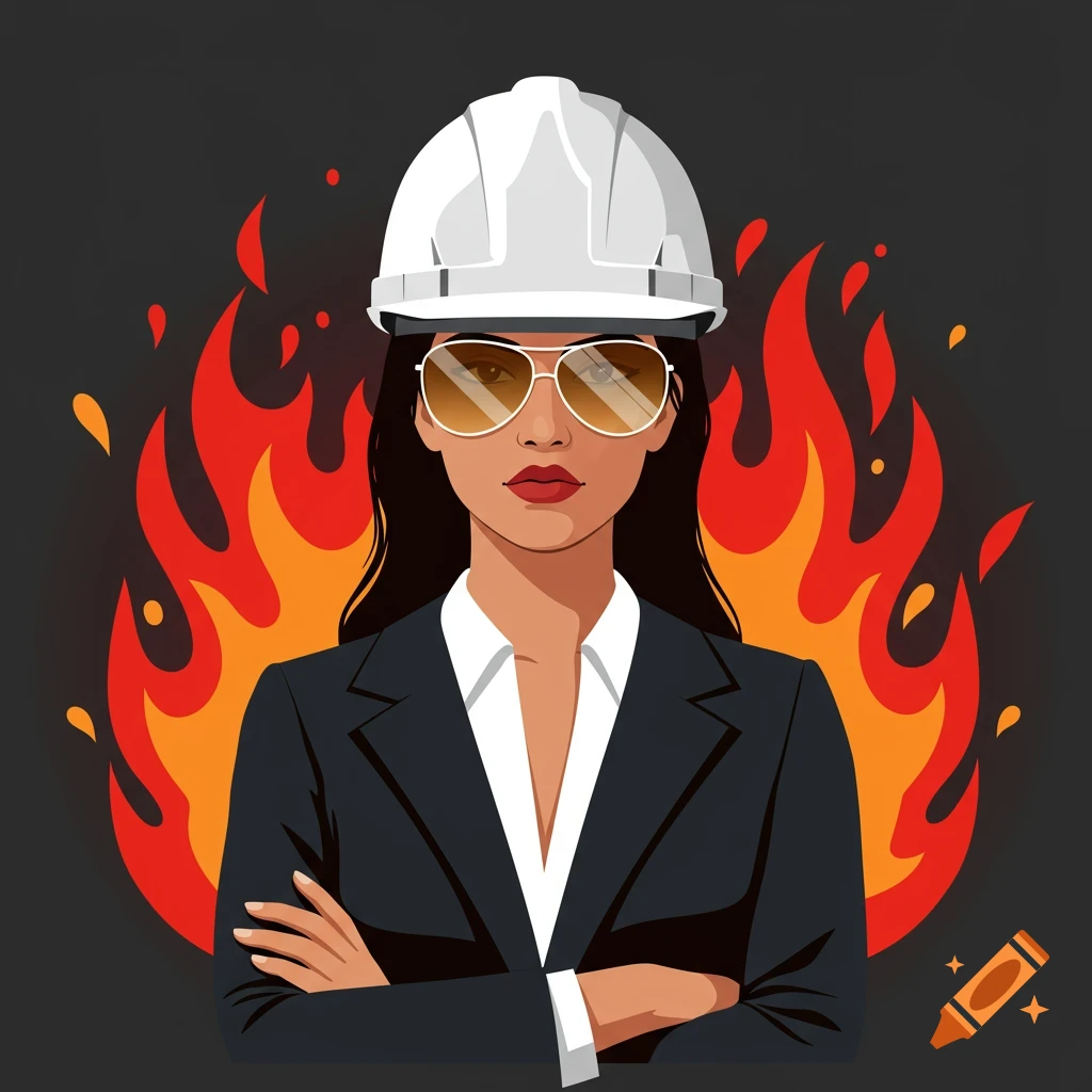Vector illustration of a Spanish mestiza architect in a white hard hat, sunglasses, and suit, with flames in the background.
