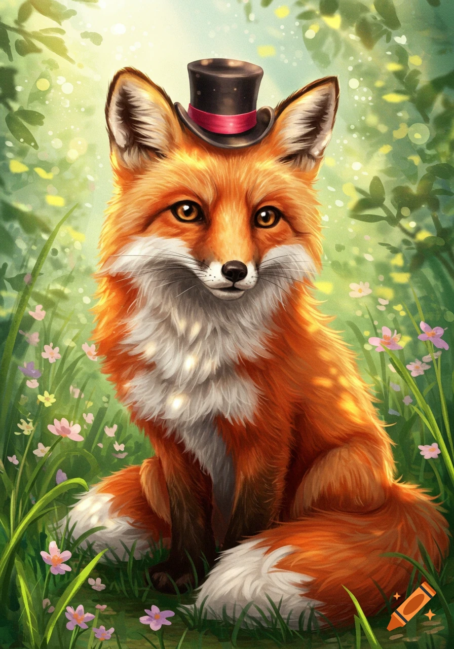A cute, fluffy orange fox wearing a black top hat with a red band, sitting among green grass and small pink and purple flowers with sparkling light.