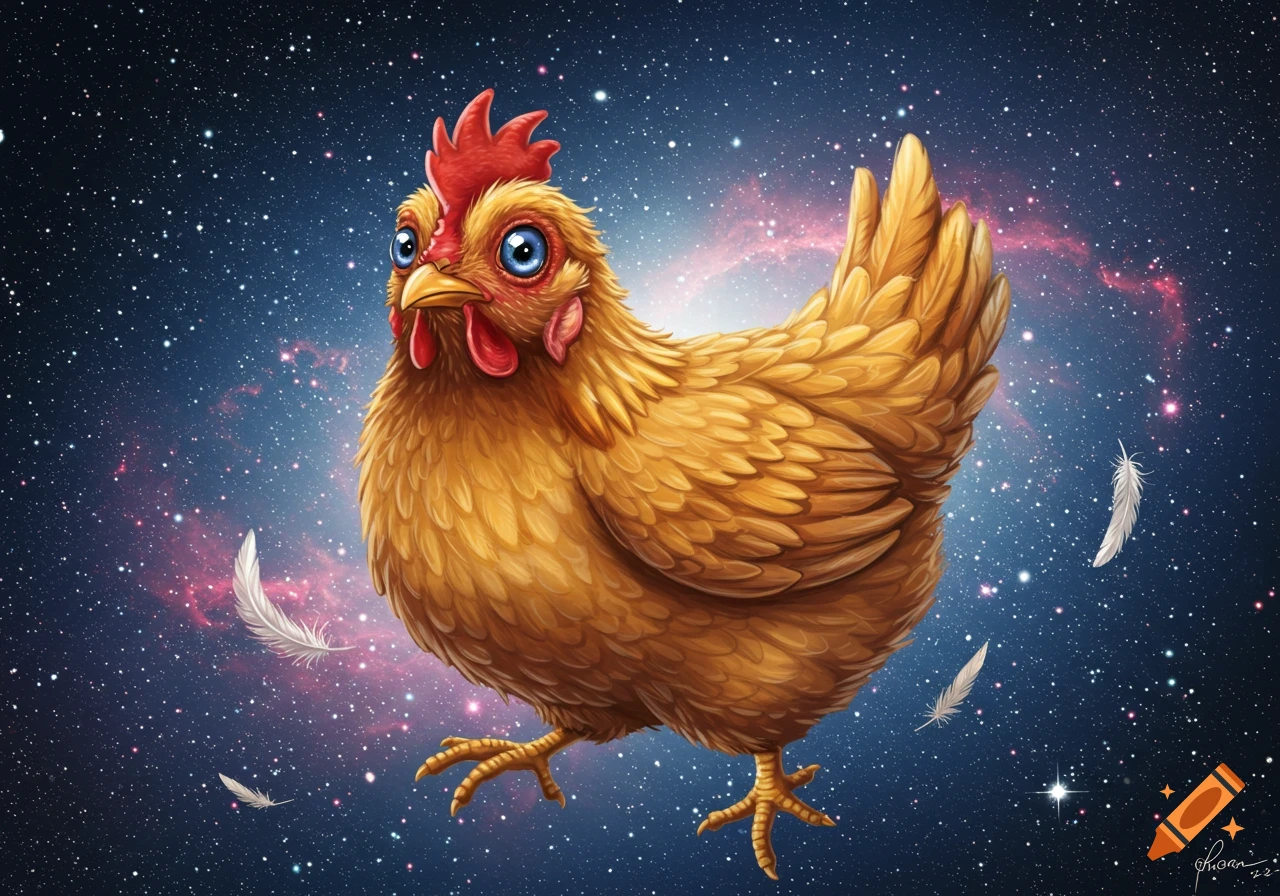 A cartoon chicken with big blue eyes floats in a starry space with pink nebulae and white feathers.