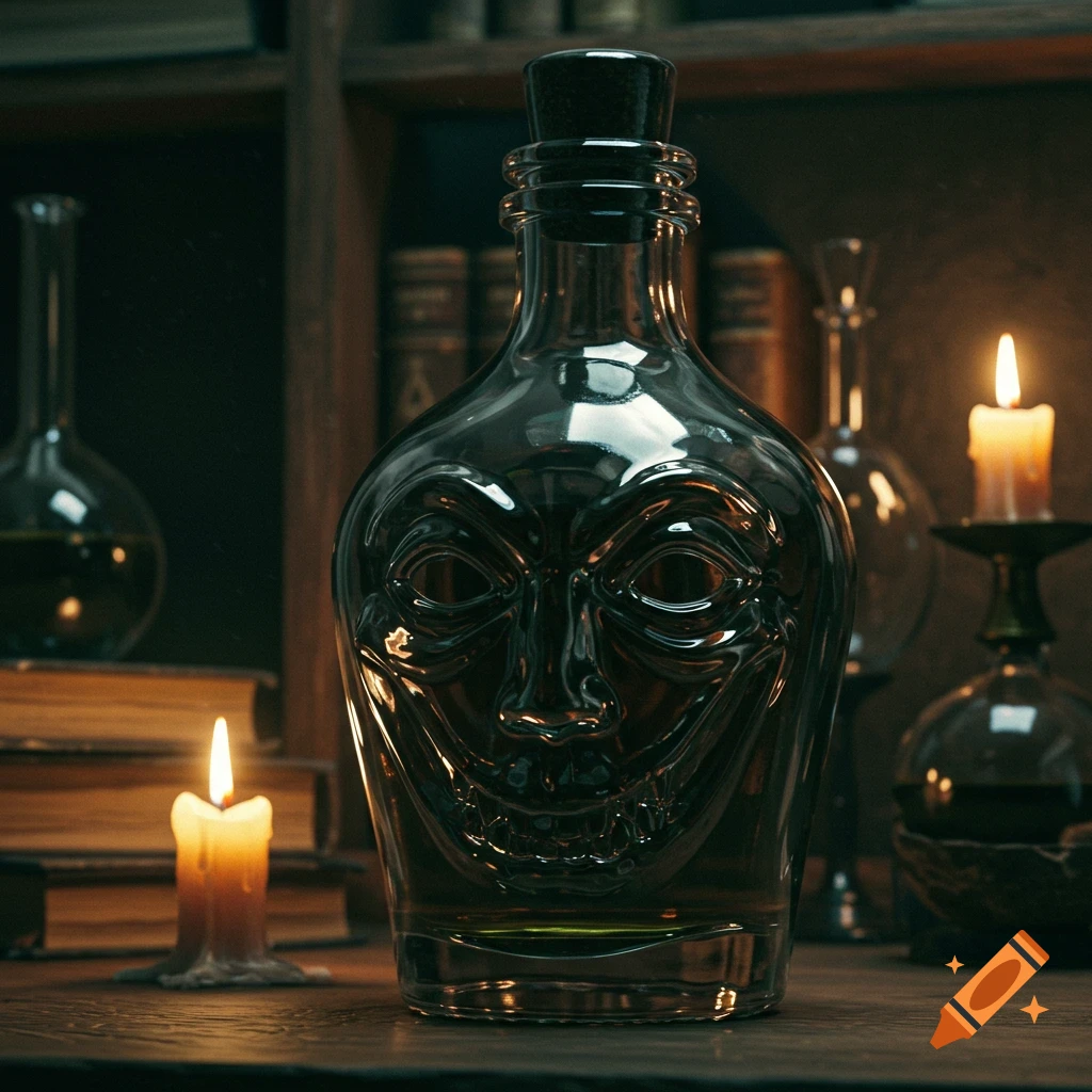 A dark glass bottle with an evil face design, containing green liquid, on a table with old books and lit candles, in a moody, low-light setting.