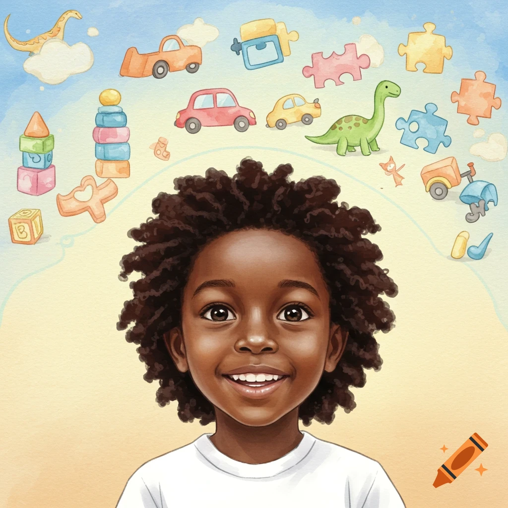 Watercolour illustration of a smiling young Black boy, with toy blocks, cars, dinosaurs, and puzzles floating above his head.