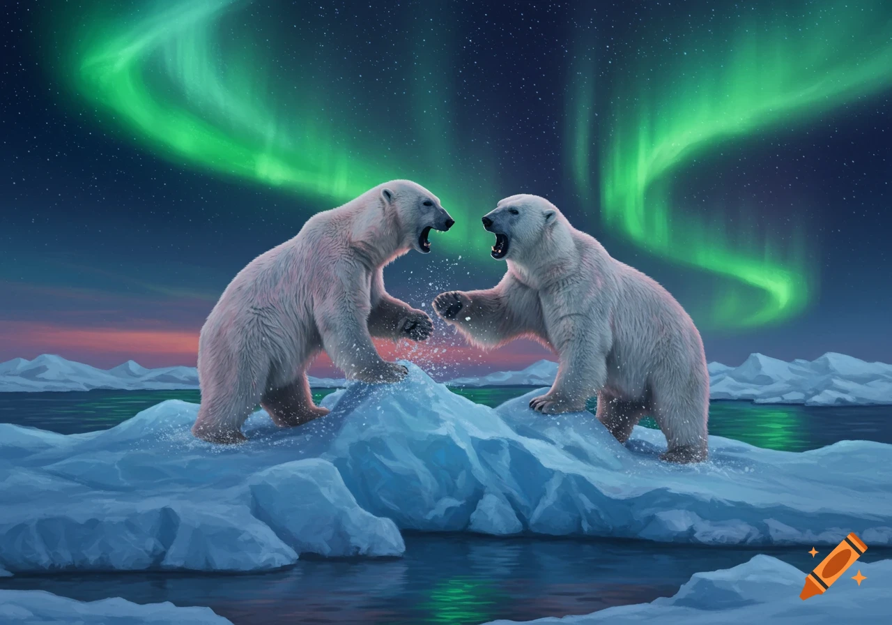 Two polar bears roar and fight on an iceberg under a vibrant green aurora borealis night sky, with water reflecting the lights.